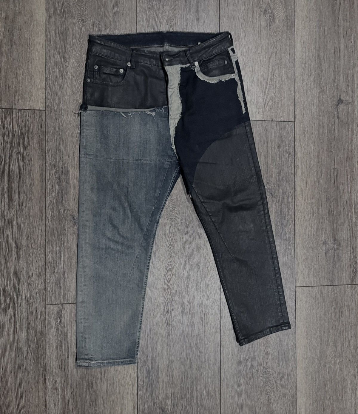 Rick Owens SS19 “Babel” Tyrone Patchwork Black Wax Cropped Jeans