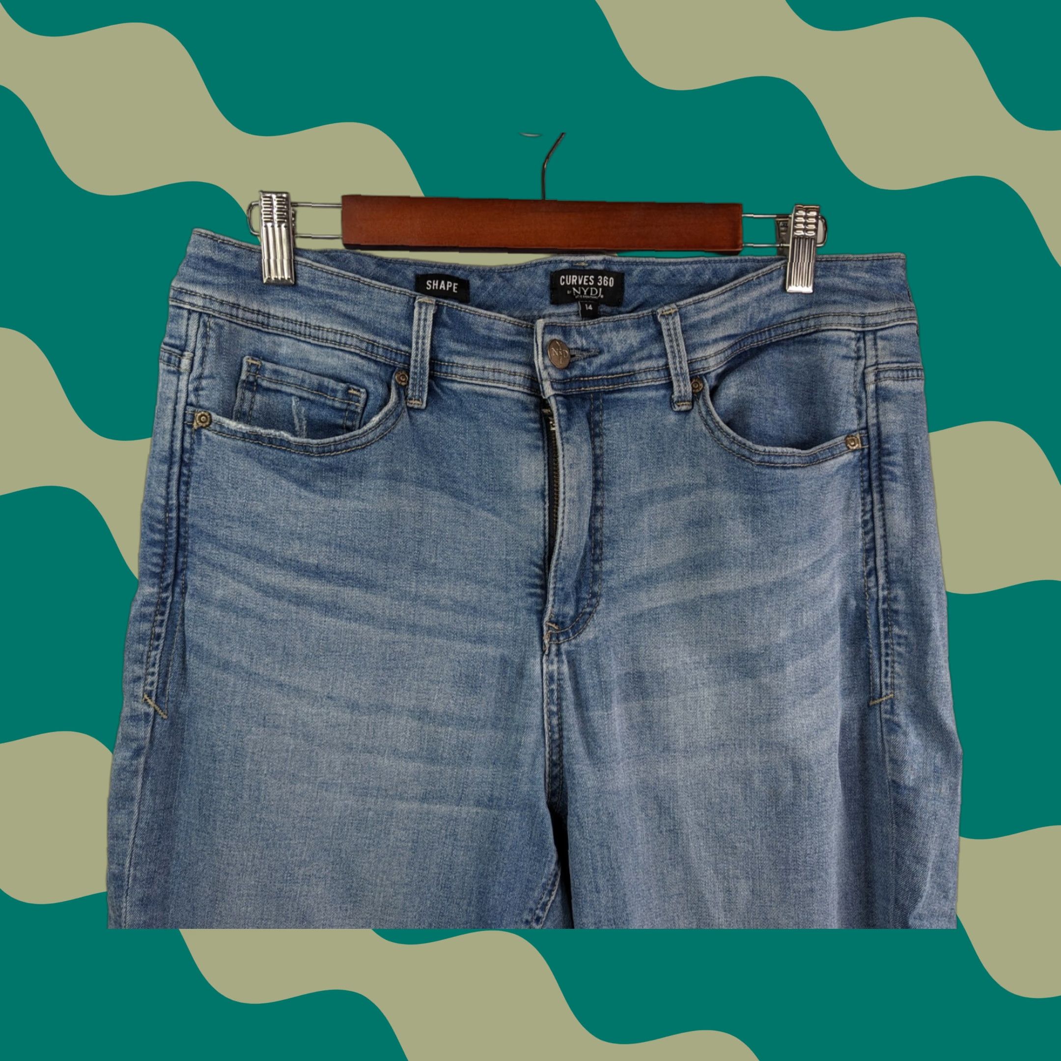 NYDJ NYDJ Curves 360 Shape Jeans High Rise Distressed Blue Denim Womens Size 14 Straight Jeans Stretch Shaping Regular Blue Size 36" / US 14 / IT 50 - 1 Thumbnail