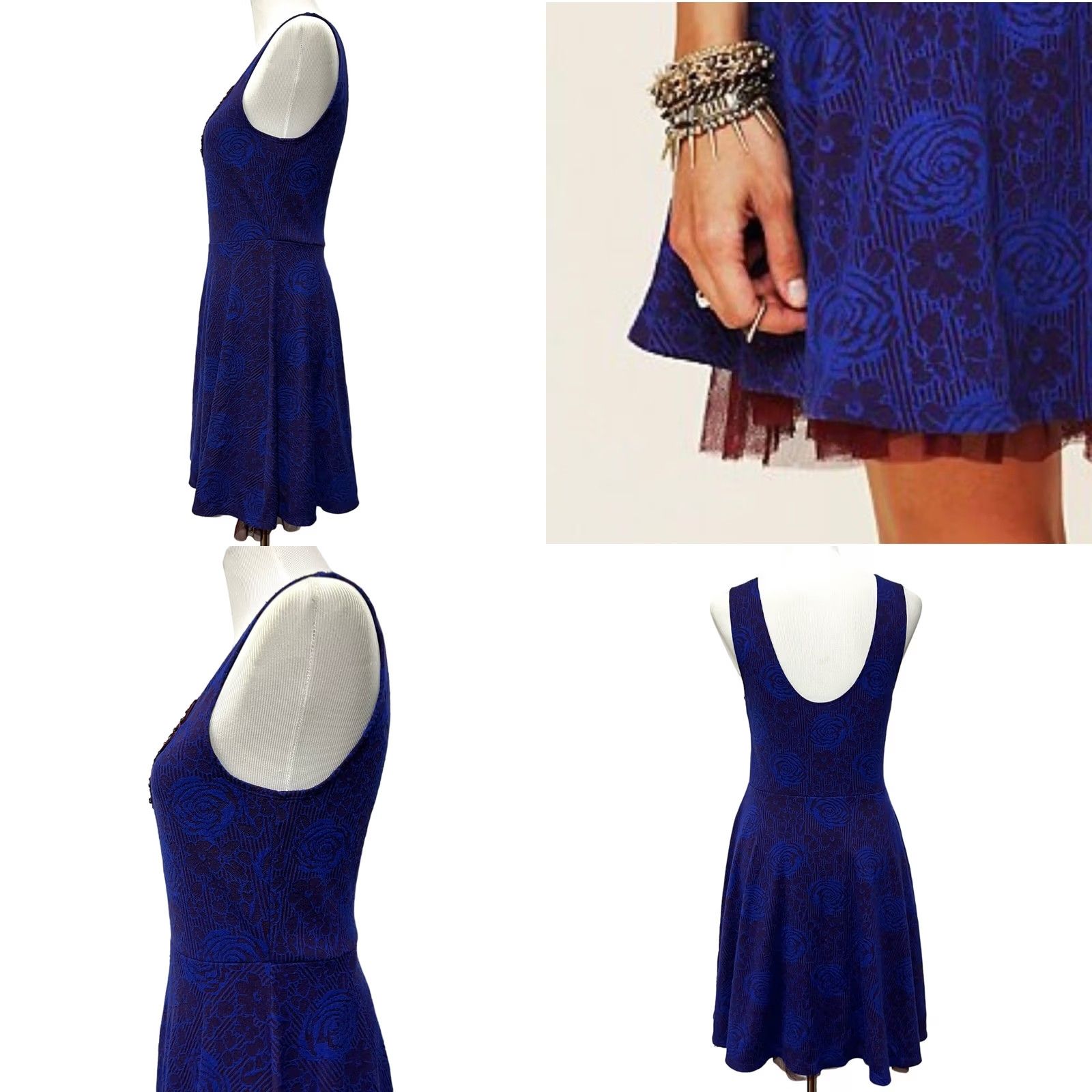 Free People Free People Skater Dress Blue Floral Sleeveless Beaded Neck Sz M Womens Dress Short Princess 90s Rock? Size M / US 6-8 / IT 42-44 - 8 Thumbnail