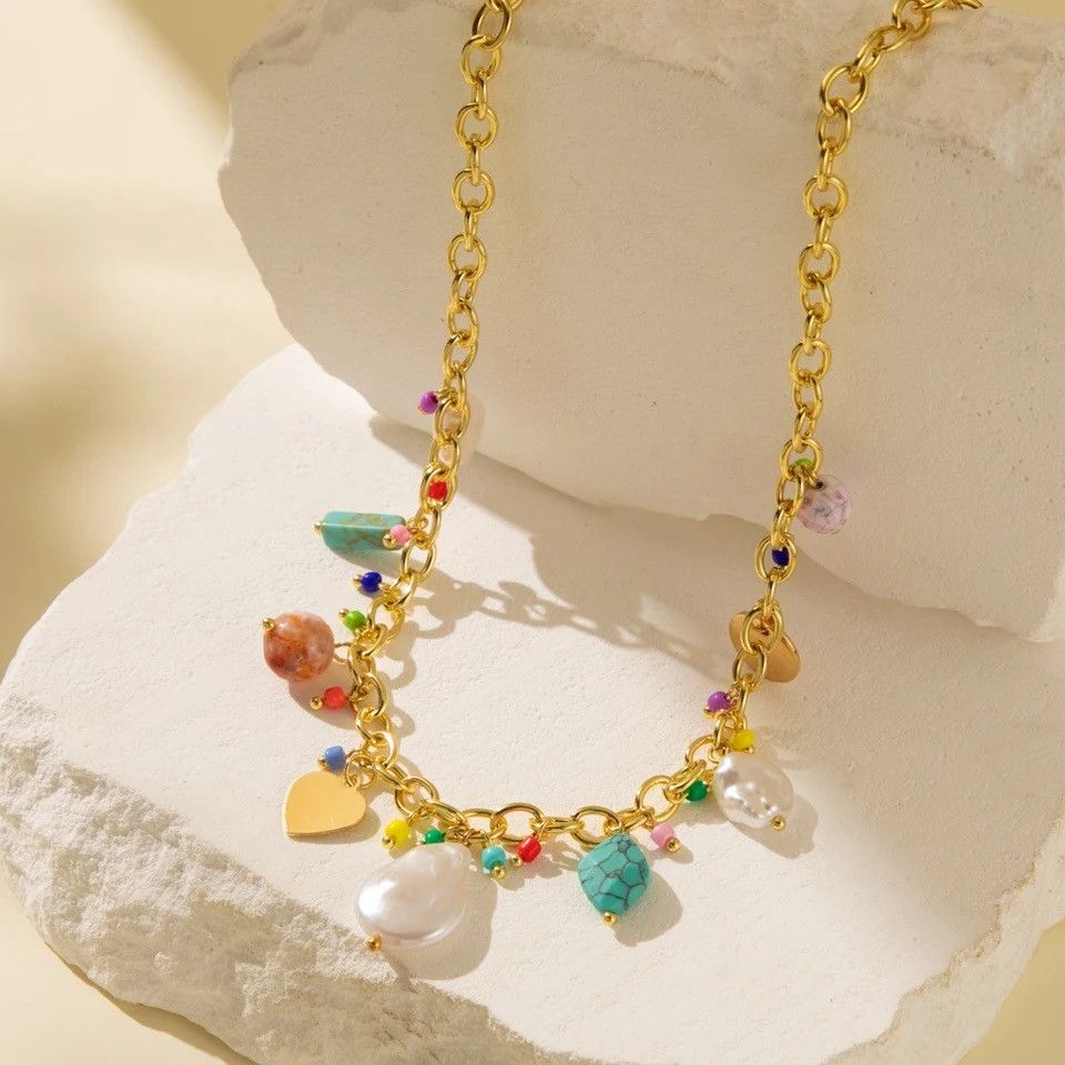Handmade × Jewelry Colorful Natural Stone Shell Rice Bead Pendant Necklace Size ONE SIZE - 3 Thumbnail
