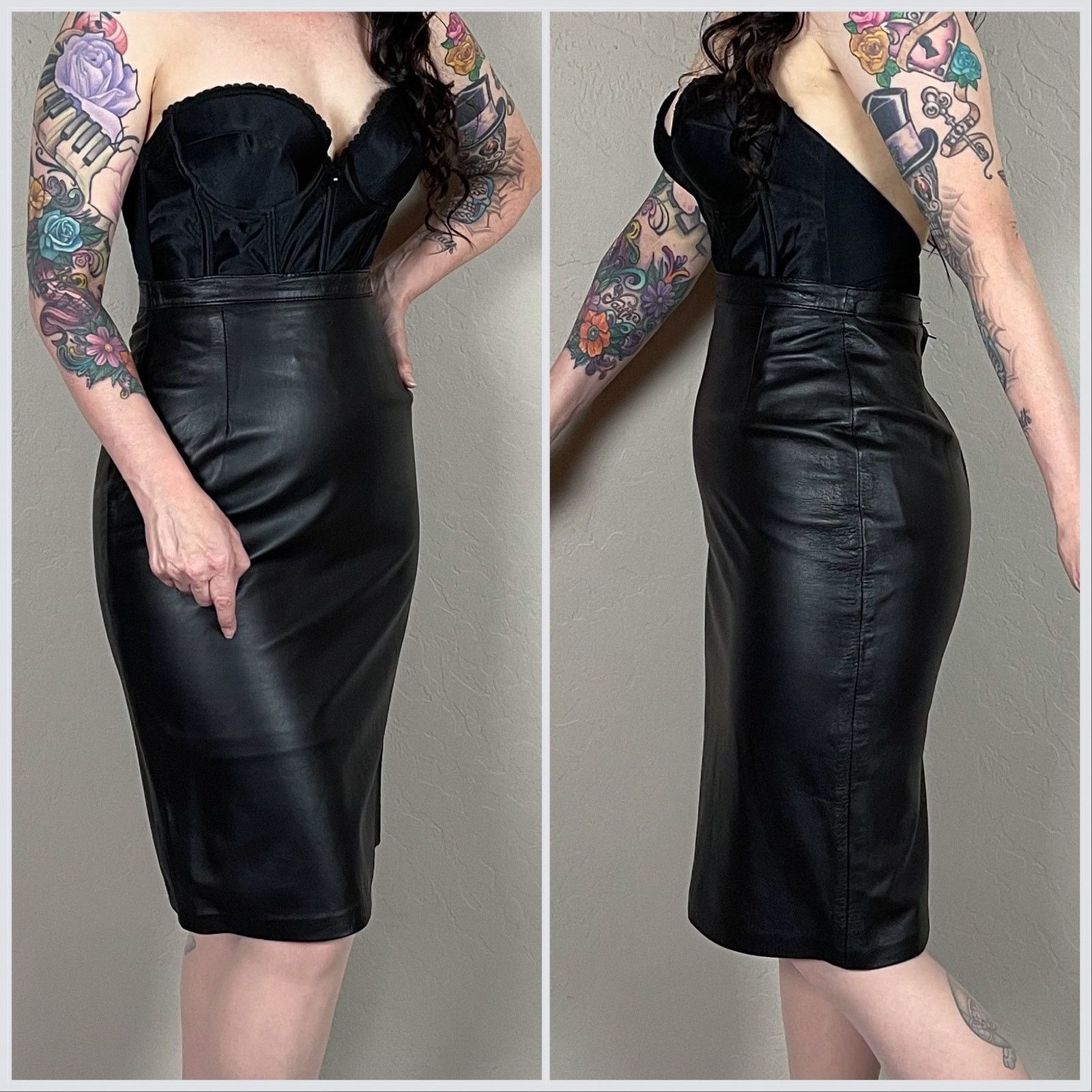 Vintage Vintage 1980s Black Leather Pencil Mini Skirt Size 26" / US 2 / IT 38 - 2 Thumbnail