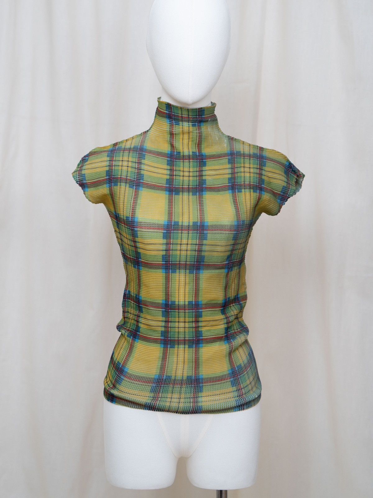 Issey Miyake Issey Miyake Green Plaid Pleated Turtleneck Short-Sleeve Top Size ONE SIZE - 4 Thumbnail