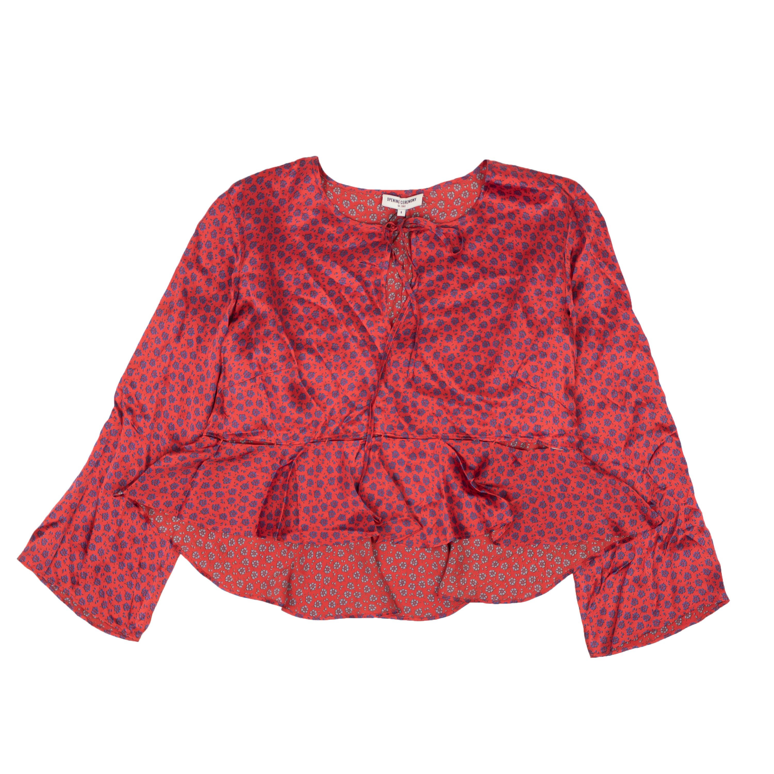 image of Opening Ceremony Red Silk Cropped Floral Flounce Blouse Size 6/42, Women's
