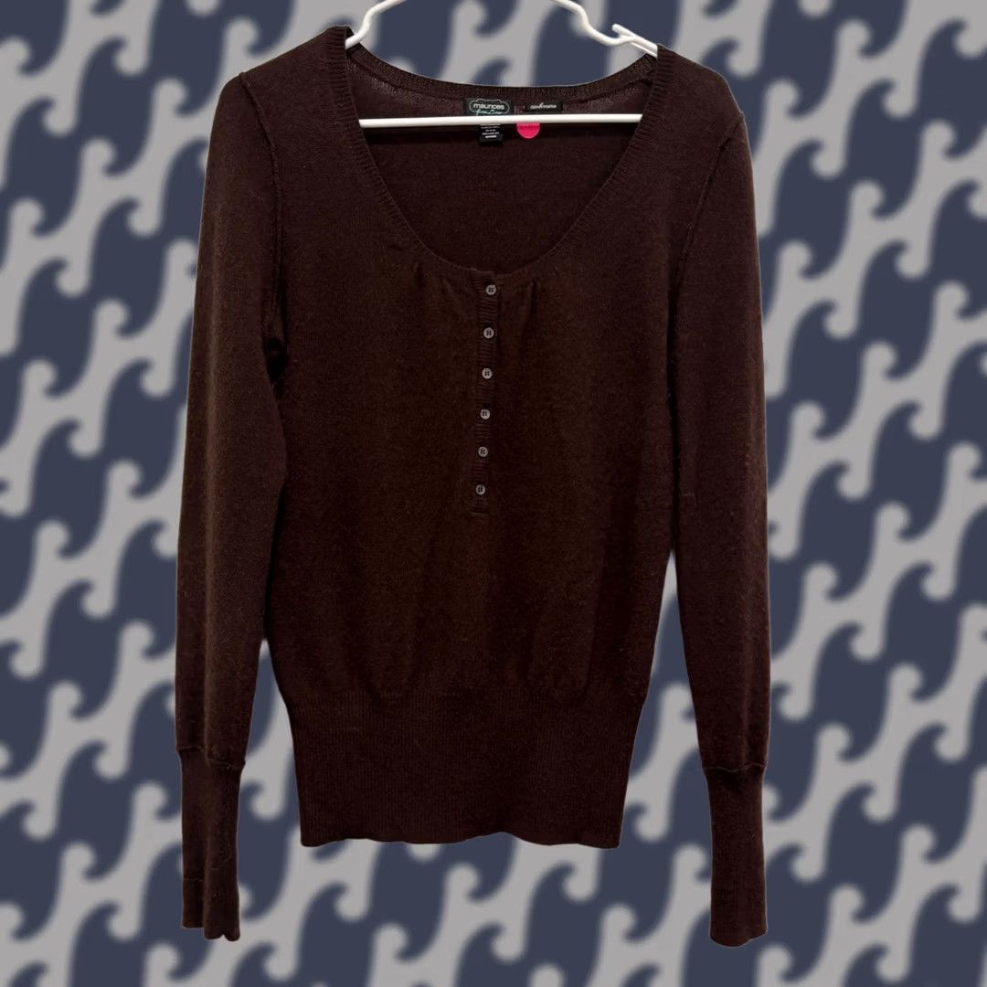 Vintage Maurices Fine Line Brown 100% Cashmere Henley Sweater Scoop Neck Womens Medium Size M / US 6-8 / IT 42-44 - 1 Thumbnail