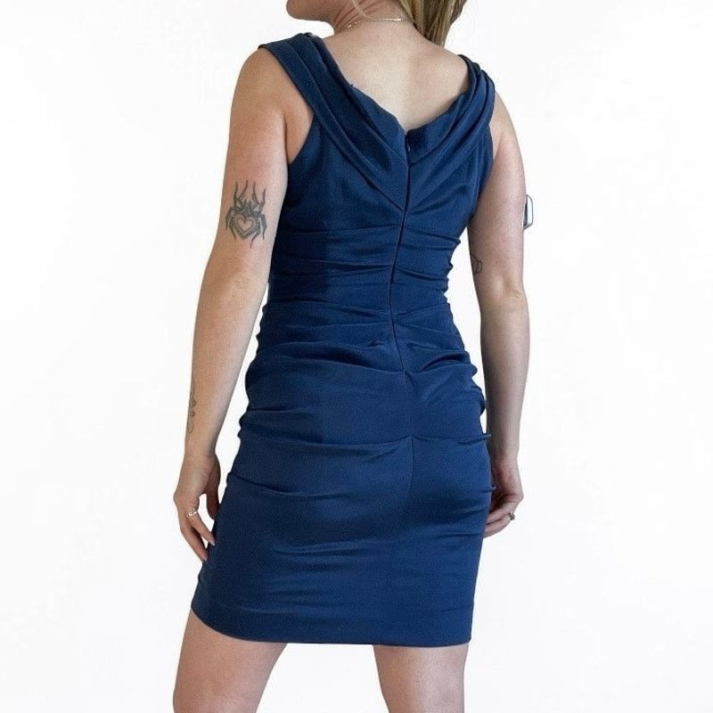 Nicole Miller Nicole Miller Blue Draped Cowl Neck Bodycon Mini Dress Size L / US 10 / IT 46 - 4 Thumbnail