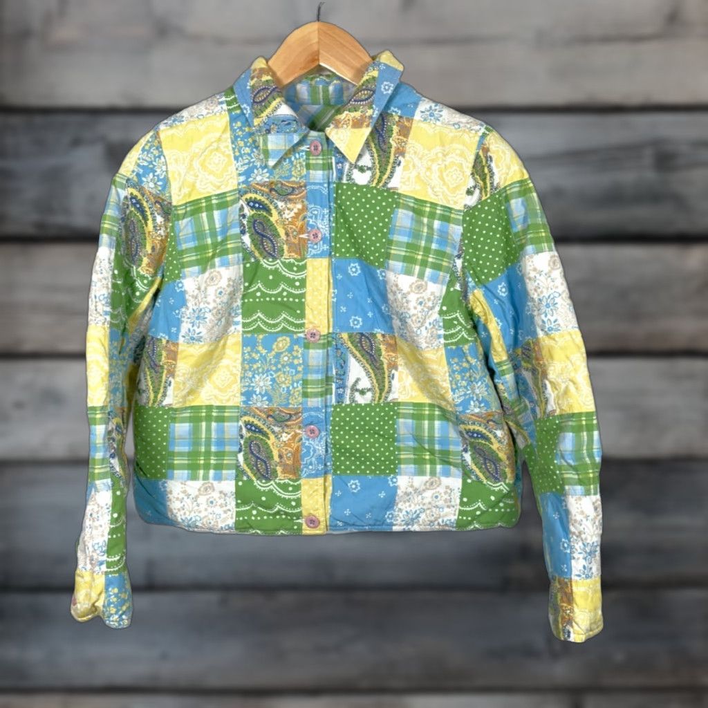 Vintage Kate Hill Patchwork Quilt Jacket Women's Large Green Yellow Paisley Casual Boxy Bohemian Size L / US 10 / IT 46 - 1 Thumbnail