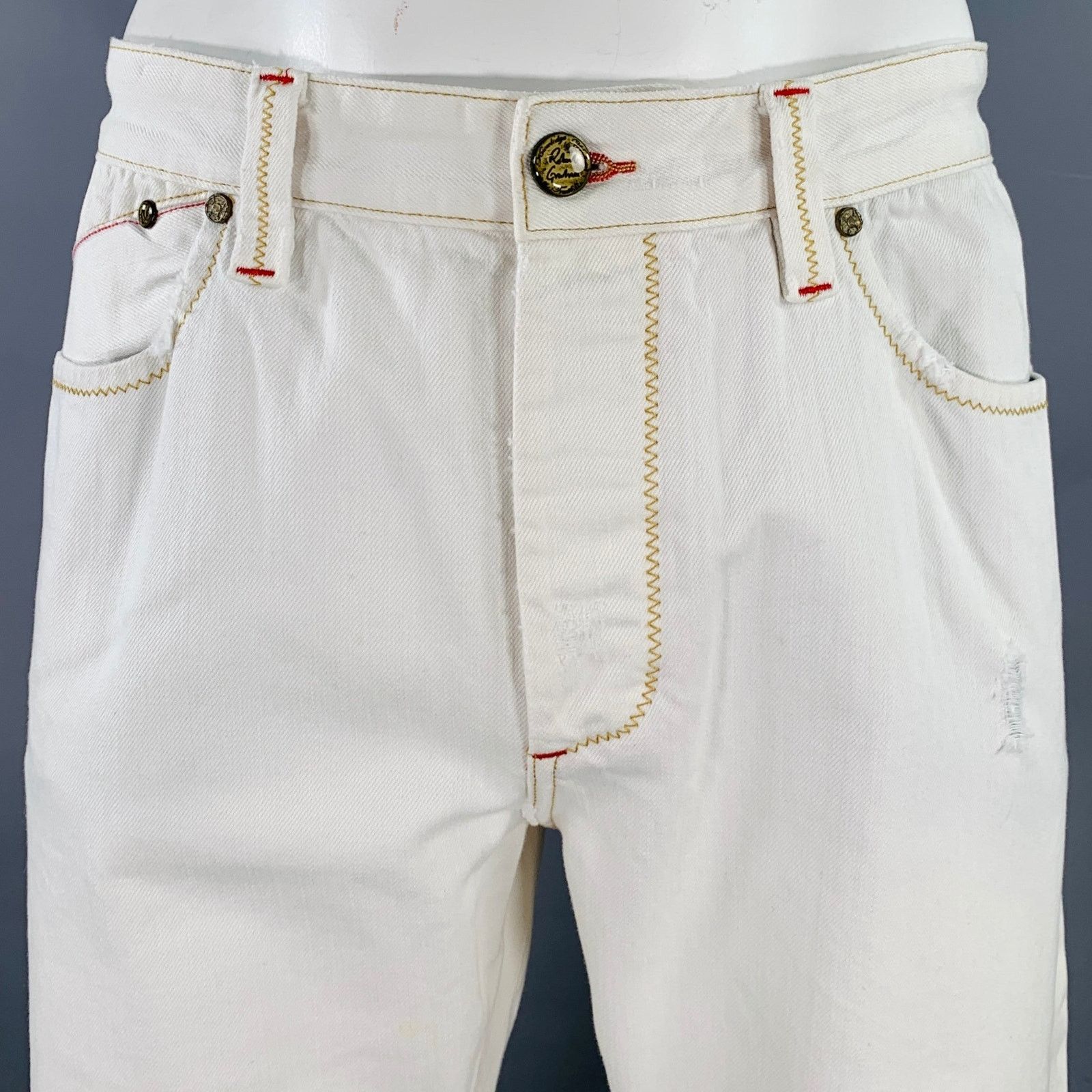 Robert Graham 36 White Contrast Stitch Cotton Straight Distressed Jeans Size US 36 / EU 52 - 2 Thumbnail