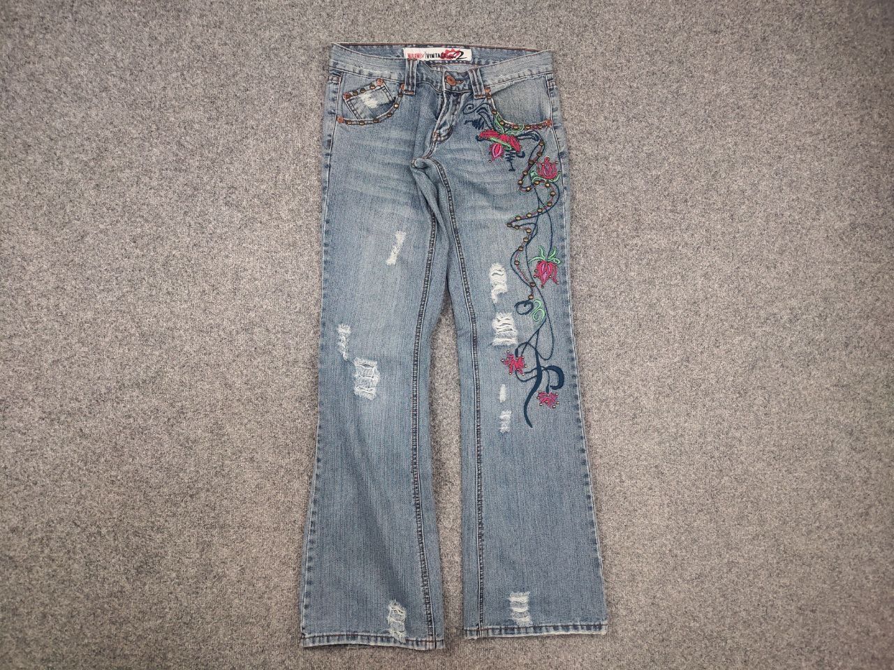 If Six Was Nine Mirame vintage Y2K Style logo Blue Faded denim Flared Jeans Size 31" - 5 Thumbnail