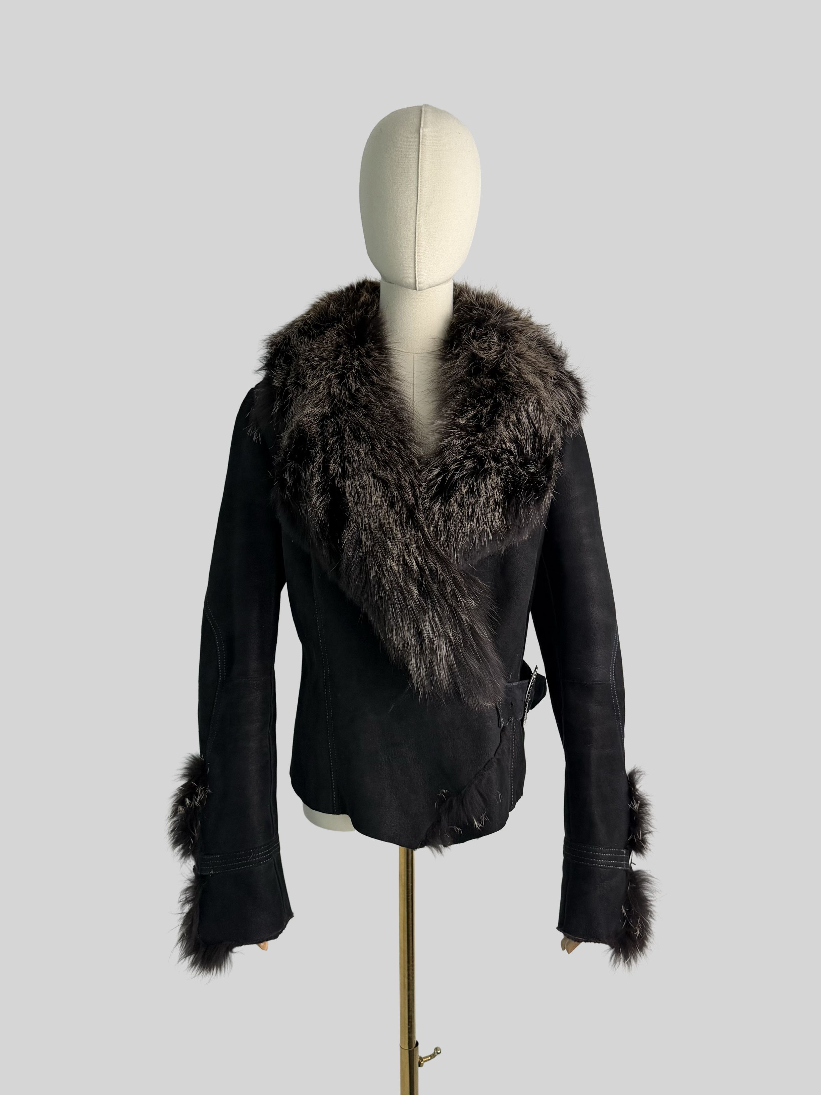 Vintage Vintage Shearling Leather Jacket Real Fur Collar Belted Y2K Size S / US 4 / IT 40 - 1 Thumbnail