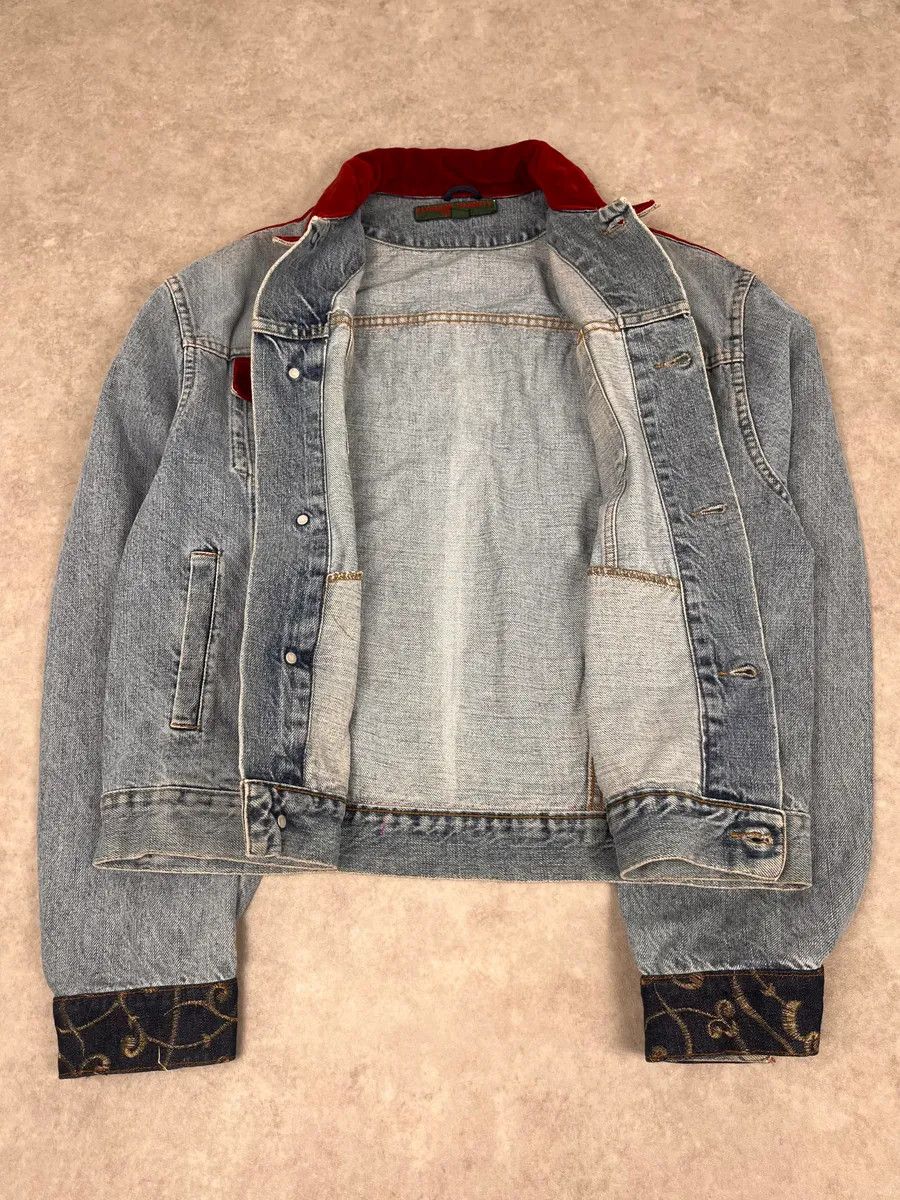 Katharine Hamnett London 1980s Katherine Hamnett Blue Denim Floral Jacket with Red Velvet Size US M / EU 48-50 / 2 - 9 Thumbnail
