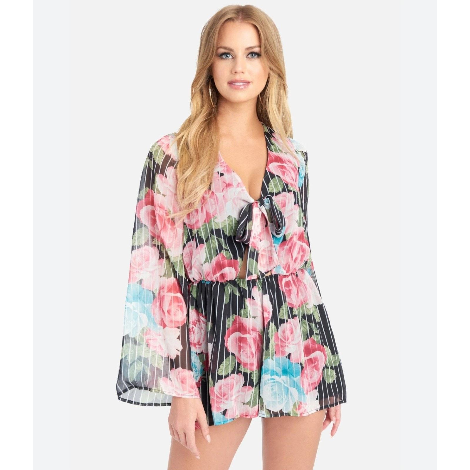 Bebe Bebe The Front Ruffle Flutter Sleeve Romper Blossom Roman S Size 26" / US 2 / IT 38 - 1 Thumbnail
