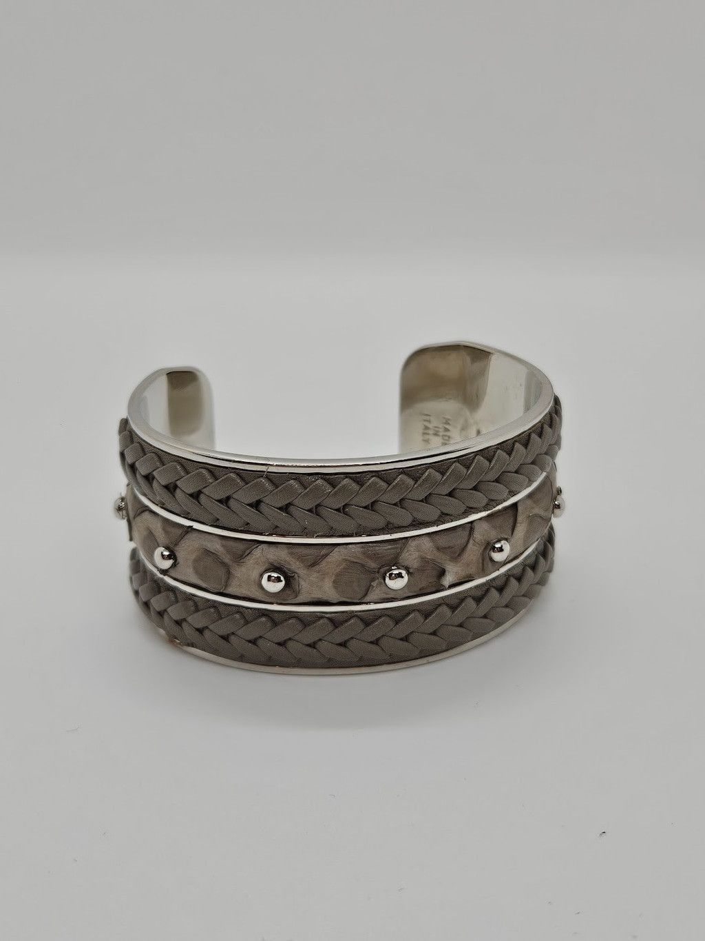 Tod’s Gray Woven Leather Snakeskin Studs Cuff Bracelet, Women's — image 5 of 6