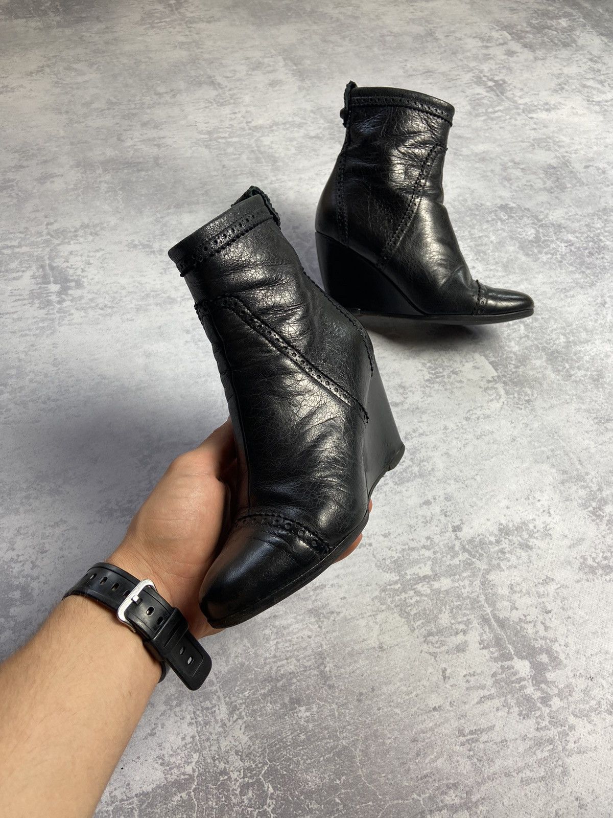 Balenciaga Vintage Y2K Brogue Leather Wedge Ankle Boots
