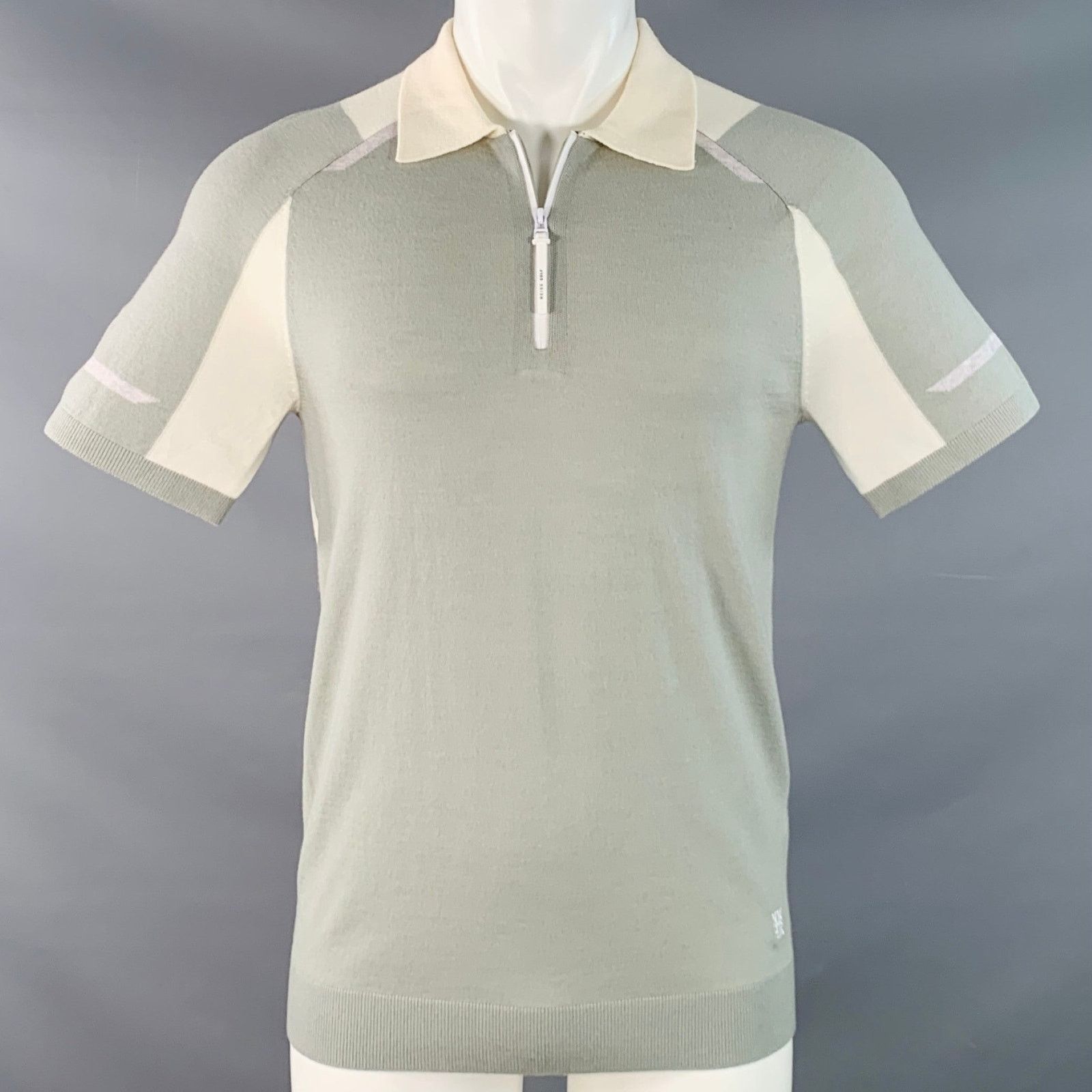 Reiss REISS Beckett Cream Sage Color Block Wool Jersey Zip Up Polo Size US S / EU 44-46 / 1 - 1 Thumbnail