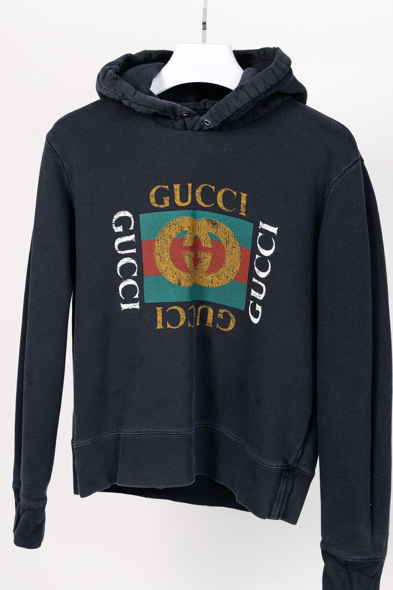 Gucci Gucci Black Distressed-Effect Logo-Print Cotton Hoodie Size US XS / EU 42 / 0 - 3 Thumbnail