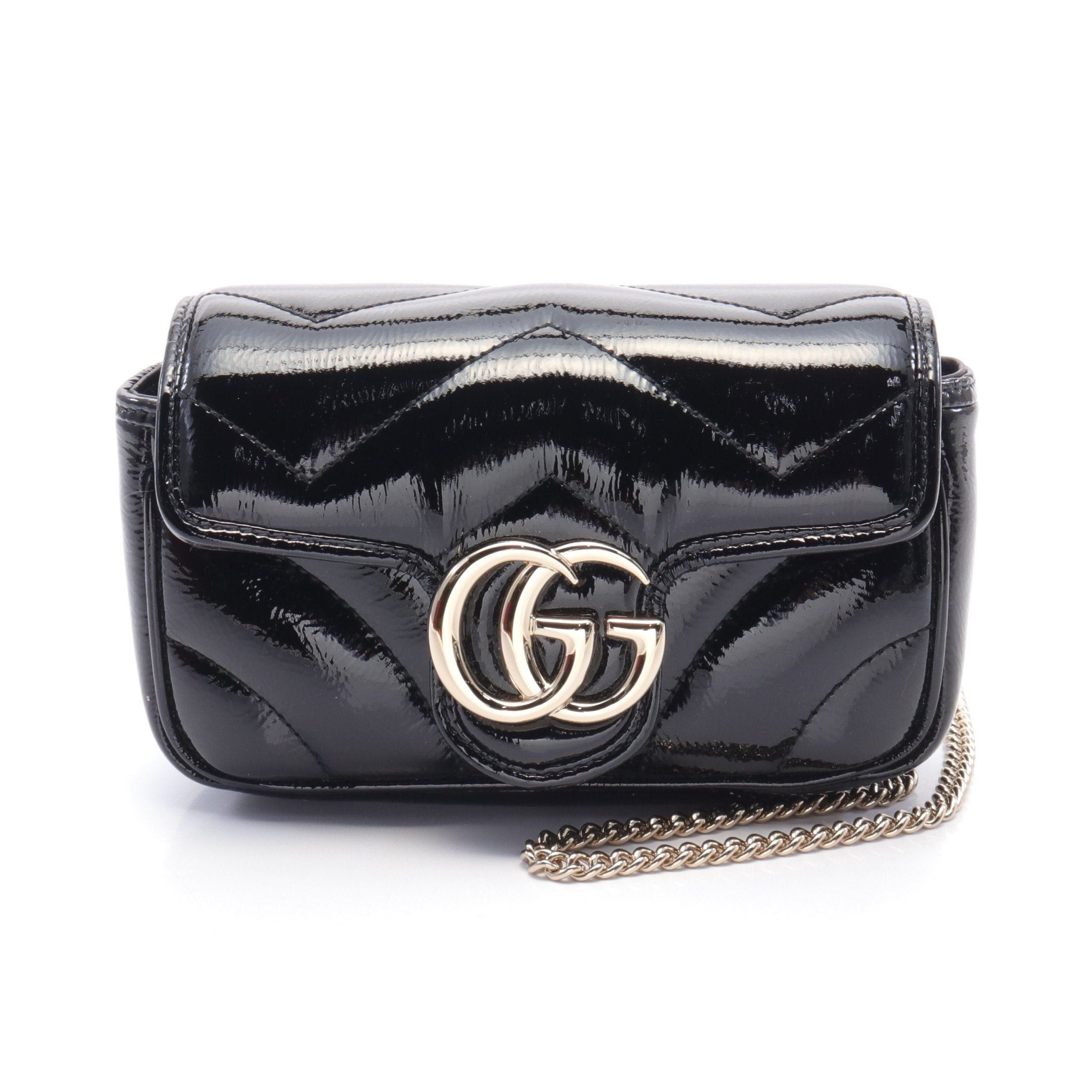 Gucci Gg Marmont Super Mini Bag Chain Shoulder Patent Leather Black