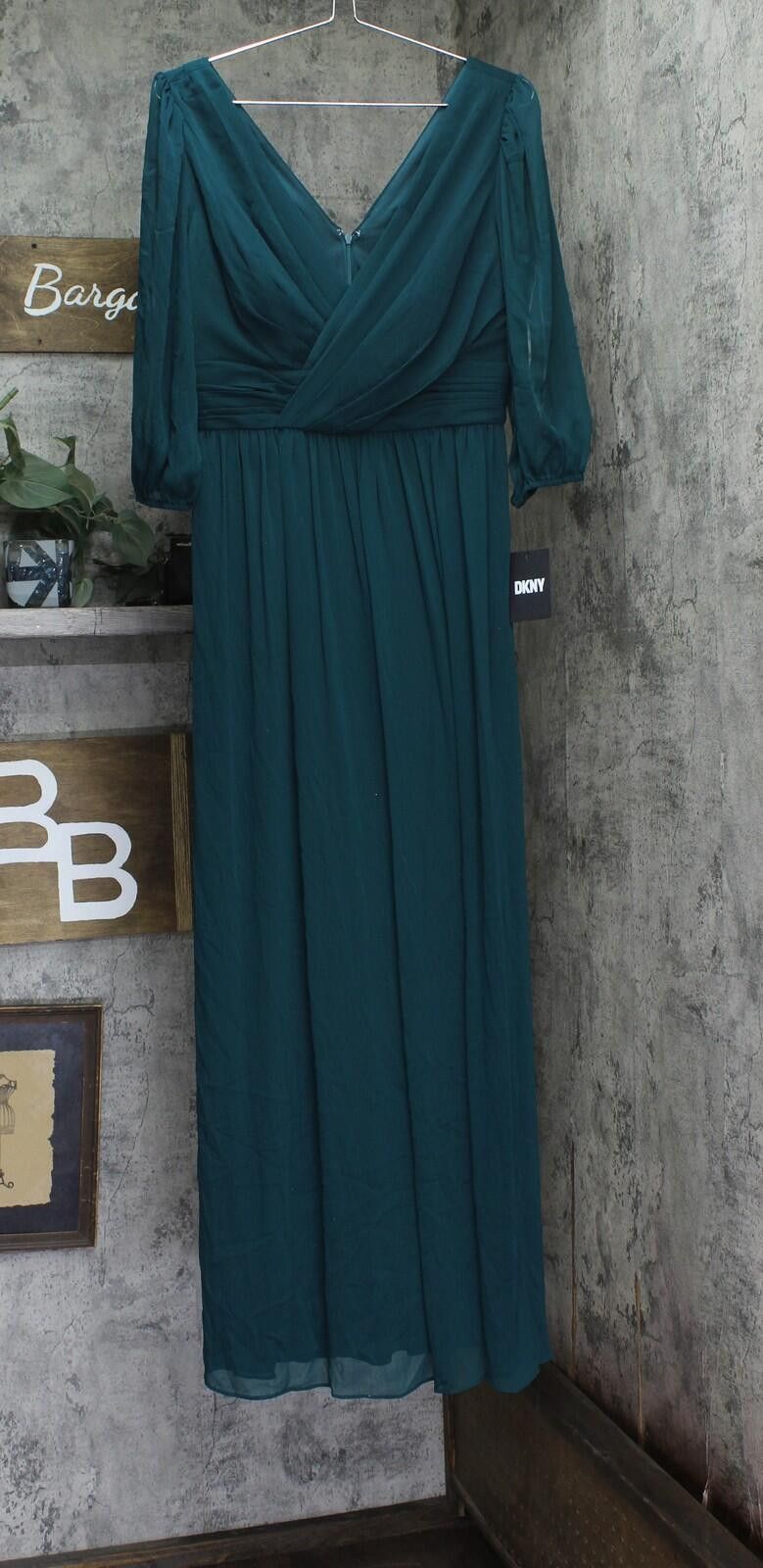 DKNY Dkny Chiffon Faux Wrap Side Slit Maxi Dress Forest Green 8 Size M / US 6-8 / IT 42-44 - 1 Thumbnail