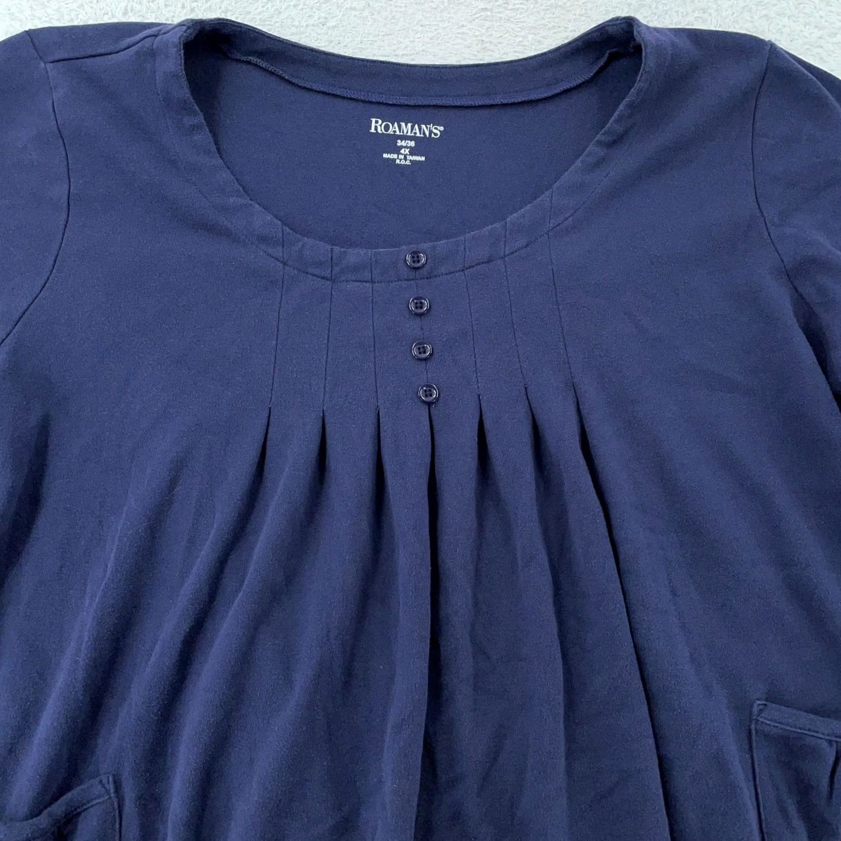 Vintage Roaman's Shirt Women's 4X Tunic 3/4 Sleeve Scoop Neck Pleated Pockets Blue Cotton Blend Polyester Size XXL / US 16-18 / IT 52-54 - 2 Thumbnail