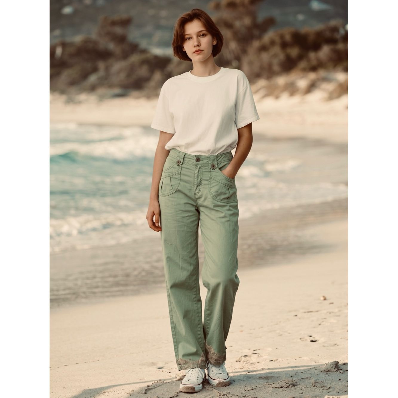 Sanctuary Sanctuary Olive Green Bootcut Lightweight Cotton Pants Size Size 32" / US 10 / IT 46 - 1 Thumbnail
