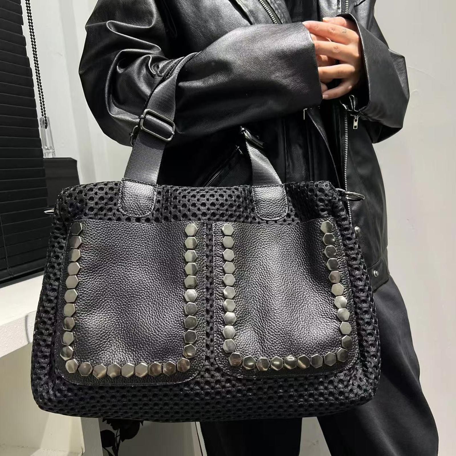 Vintage Black Studded Textured Handbag, Leather Accent Tote Size ONE SIZE - 1 Thumbnail