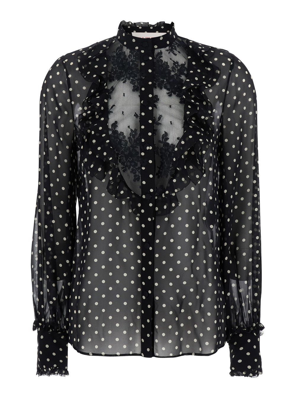 Valentino Black Crewneck Shirt with Floral Embroidery and All-Over Polka Dots Motif in Silk Woman Size M / US 6-8 / IT 42-44 - 1 Thumbnail