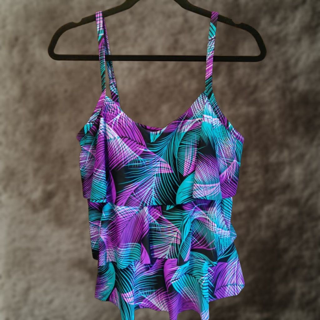 Vintage Ceeb Swimwear Women's 14 Tankini Purple & Green Print Ruffled Front Padded Bra in Purple Green