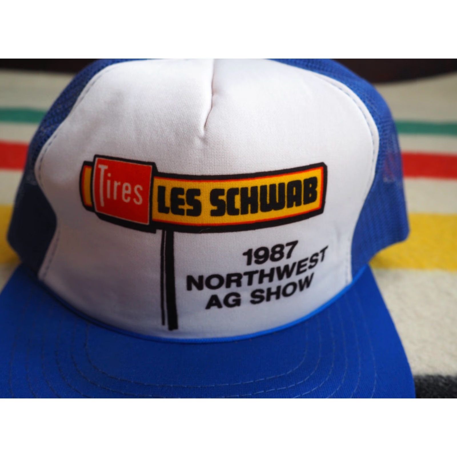 Vintage VTG 80s Les Schwab PNW 1987 Auto Cars White Blue Trucker Snapback Hat Cap OSFM Size ONE SIZE - 3 Thumbnail