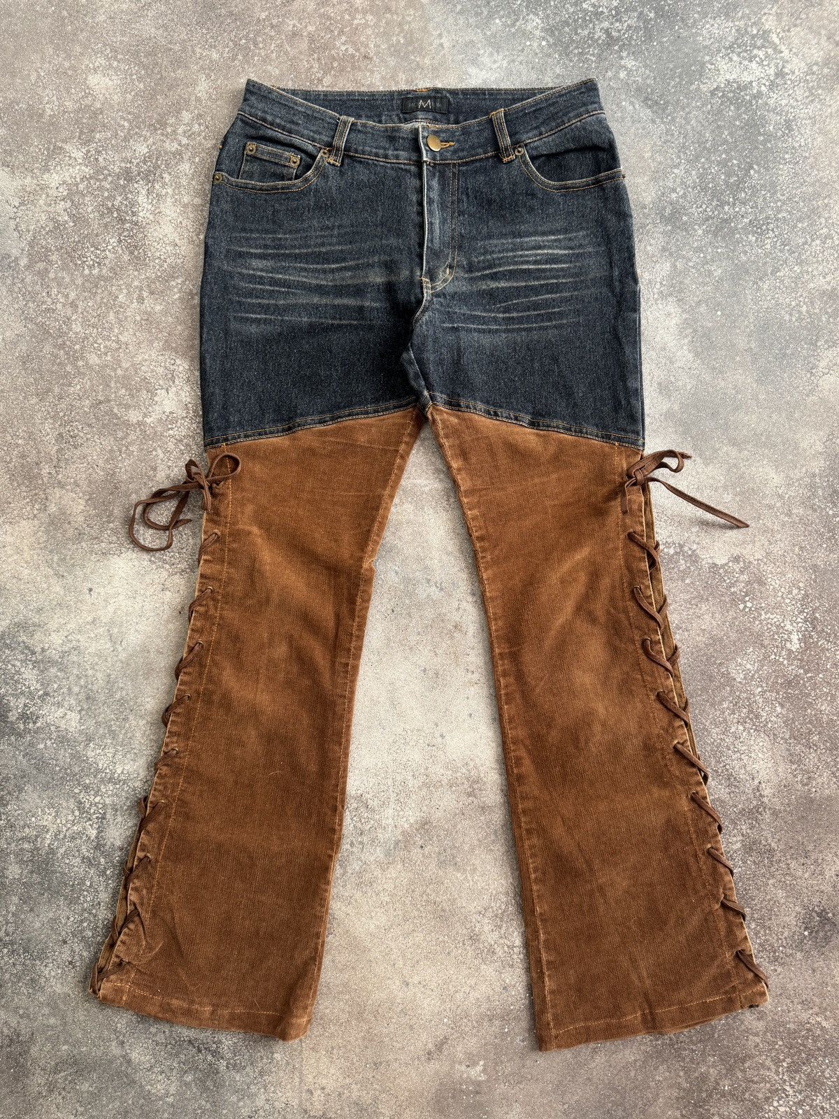 If Six Was Nine Avant-Garde Two-Tone Corduroy Hybrid Flare Lace Up Pants Size 27" / US 4 / IT 40 - 1 Thumbnail