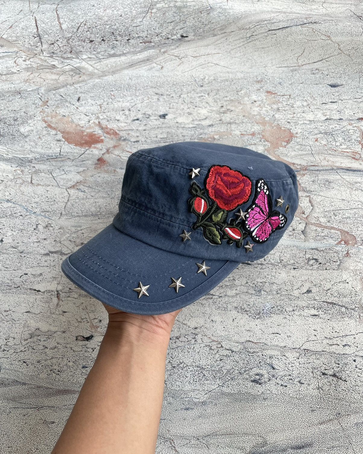If Six Was Nine Y2K Lorena Studded Flowers Patches Commando cadet Hat Size ONE SIZE - 1 Thumbnail