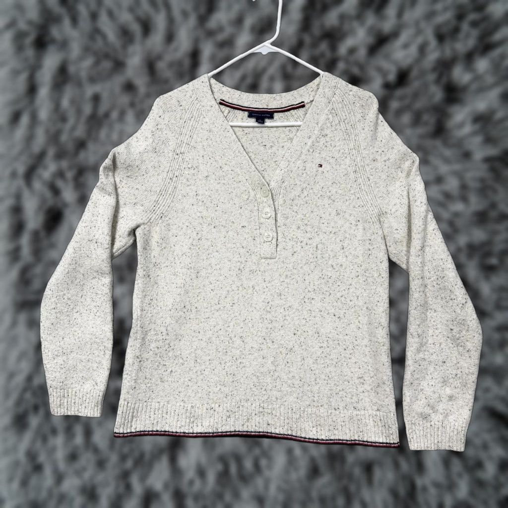 Tommy Hilfiger Tommy Hilfiger Sweater Mens M White Henley V-Neck Knit Preppy Classic Layering Size US M / EU 48-50 / 2 - 1 Thumbnail