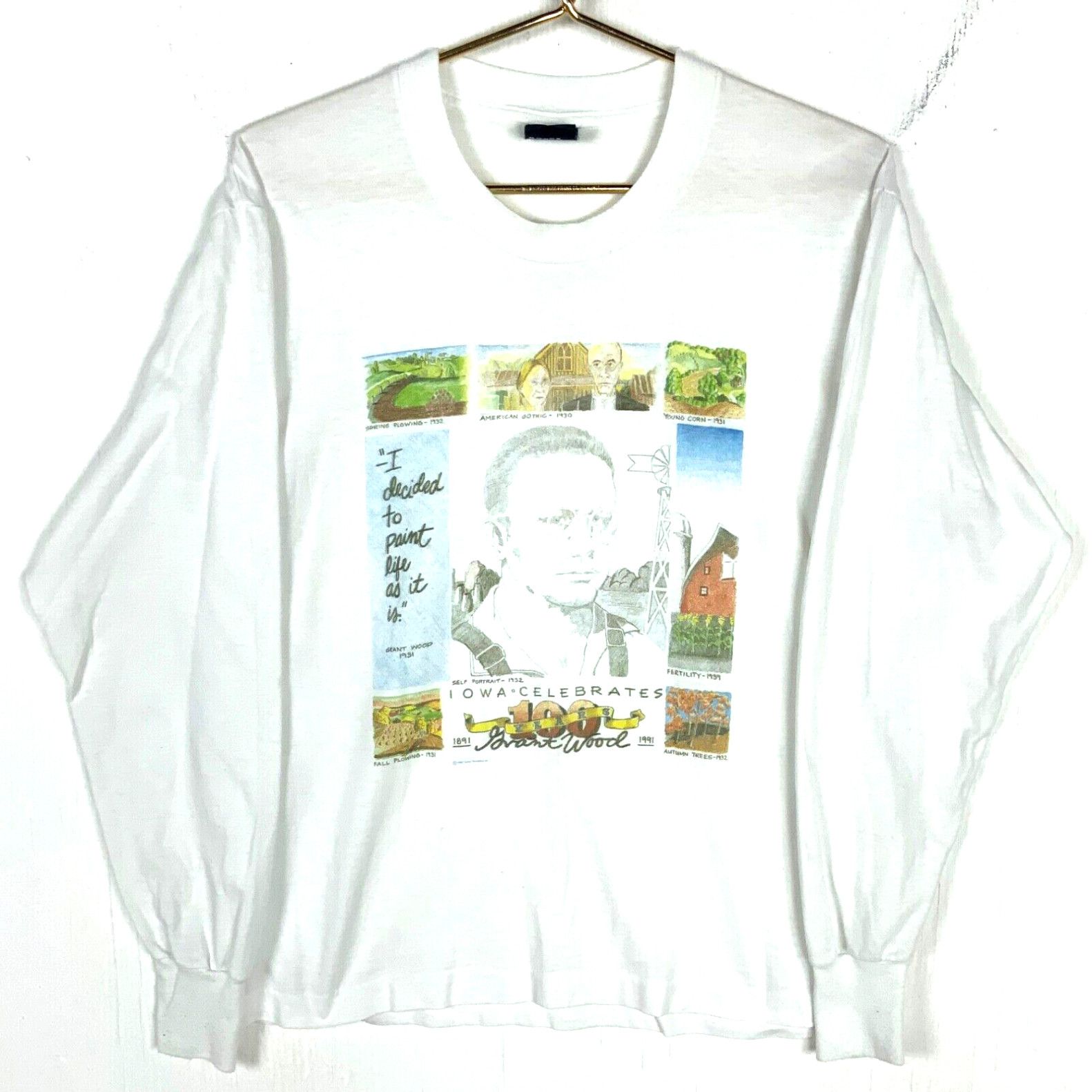image of Screen Stars Vintage Grant Wood Long Sleeve T-Shirt Large 1991 90's American Gothic Made Usa in Whi