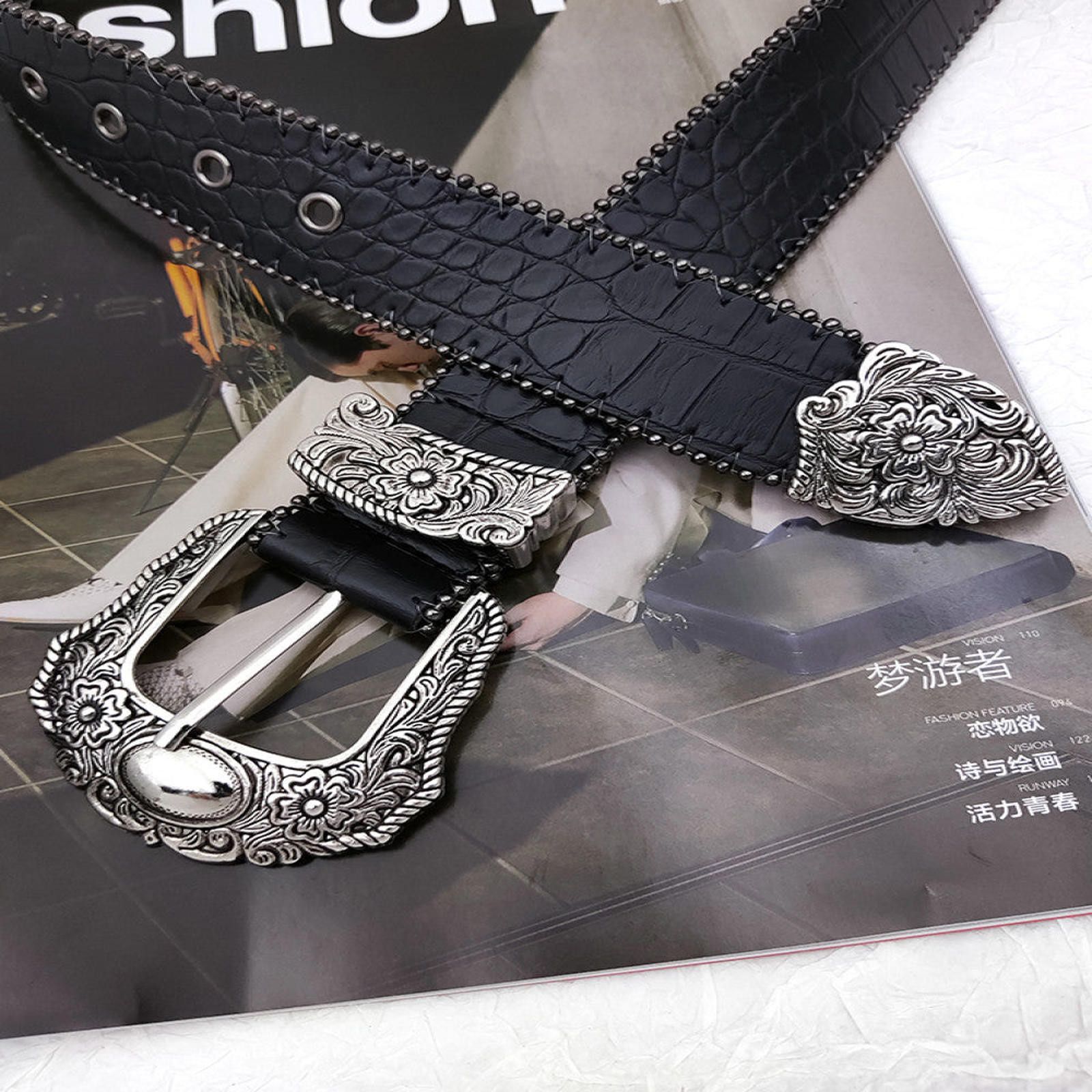 Vintage Black Crocodile Pattern Belt with Decorative Silver Buckle Size ONE SIZE - 5 Thumbnail