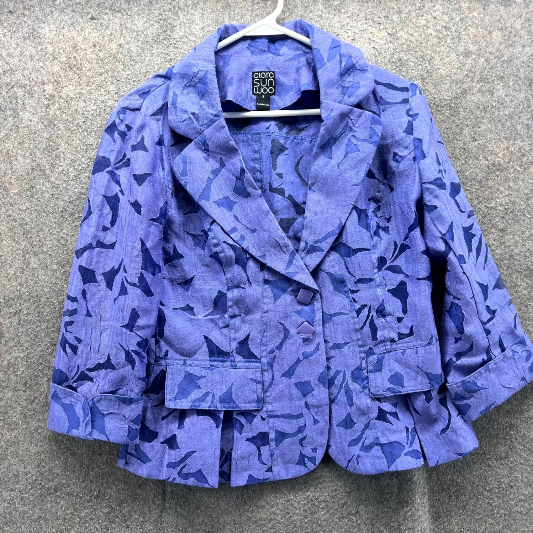 Vintage Clara Sun Woo Blazer Women Small Blue Textured Floral Jacquard Jacket AOP Size S / US 4 / IT 40 - 2 Thumbnail
