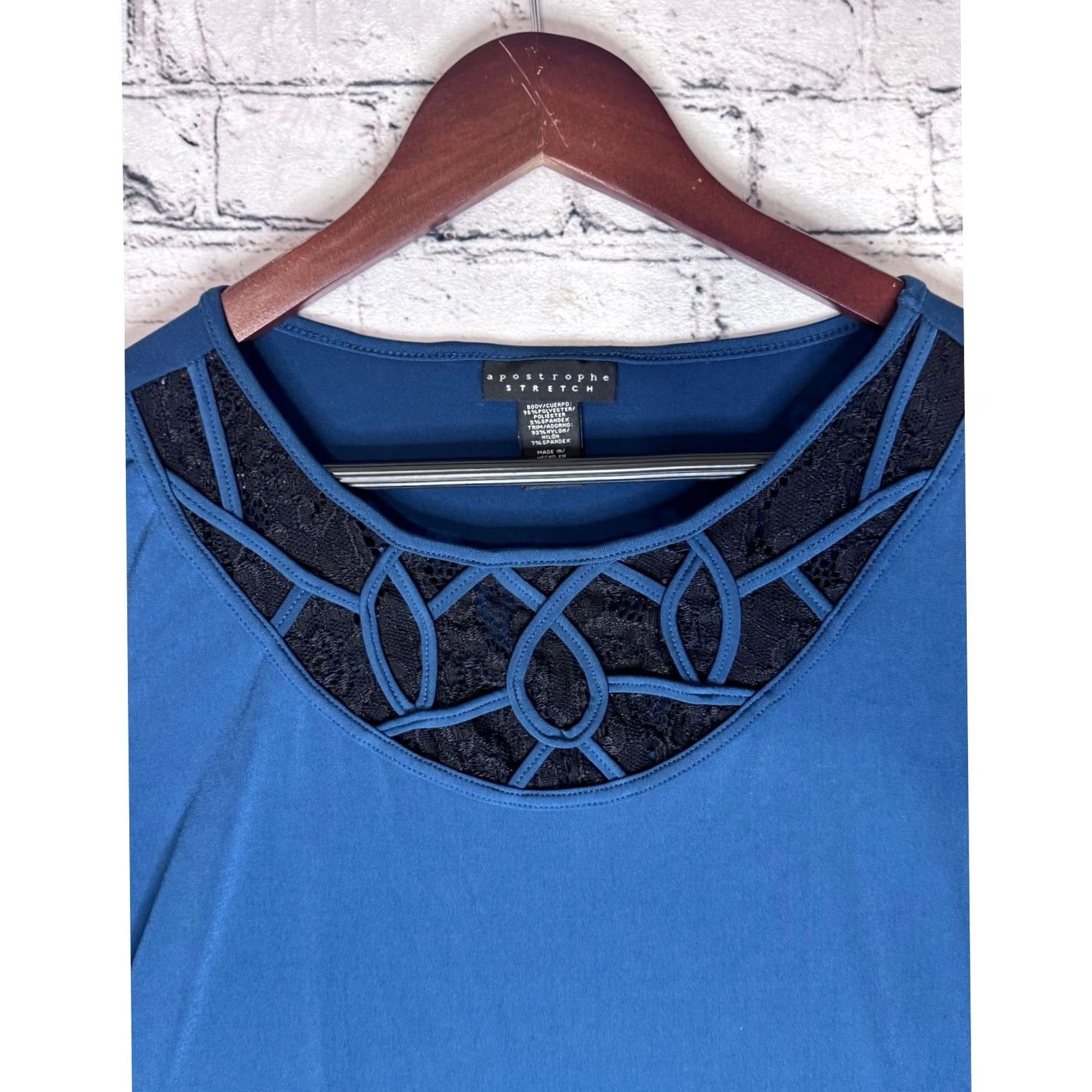 Altea Apostrophe Stretch Blue Lace Neckline 3/4 Sleeve Top Womens L/G Puff Sleeve Tunic Beaded Keyhole Neck Solid Knit Blouse Pullover Casual Party/Cocktail Size L / US 10 / IT 46 - 2 Thumbnail