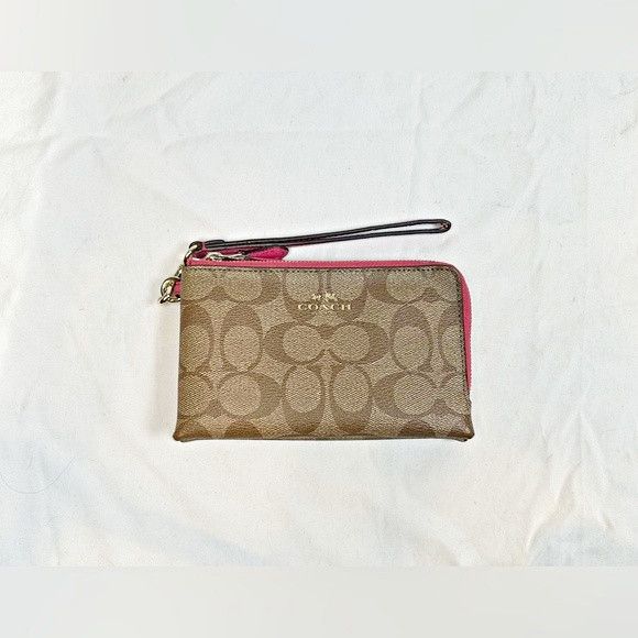 Coach Coach Khaki Signature Pink Double Corner Zip Wristlet Size ONE SIZE - 1 Thumbnail