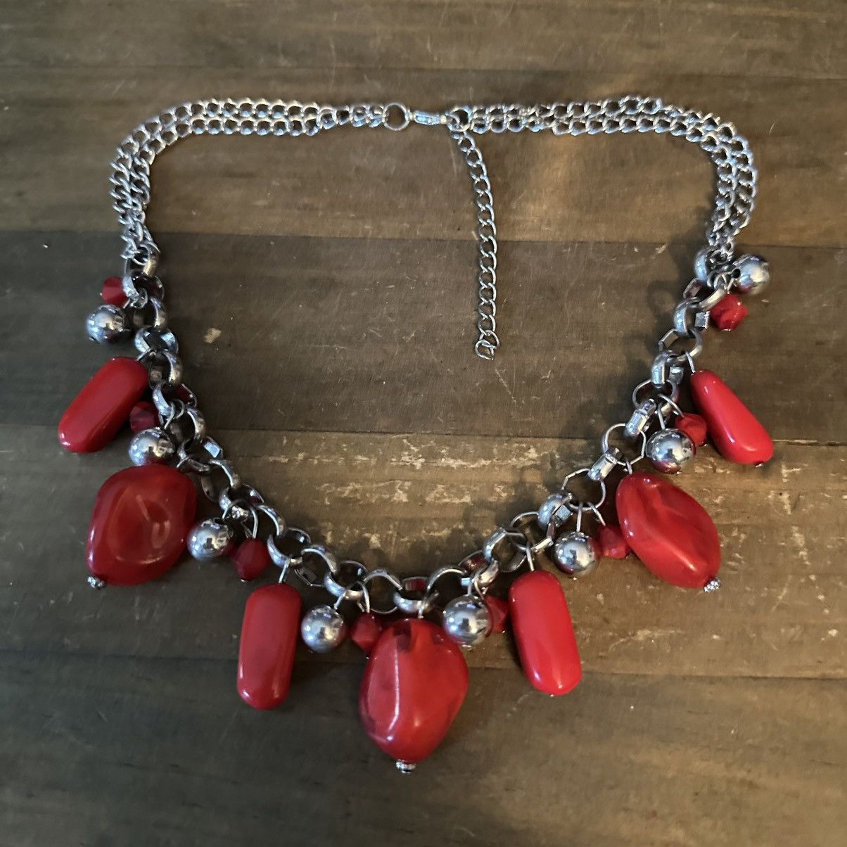 Other Chunky silver tone red dangle bead necklace and earrings Size ONE SIZE - 2 Thumbnail