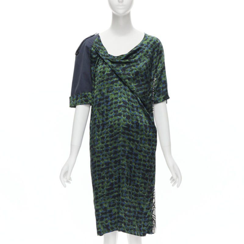 Dries Van Noten DRIES VAN NOTEN green navy draped silk contrast short sleeve dress FR36 S Size XS / US 0-2 / IT 36-38 - 1 Thumbnail