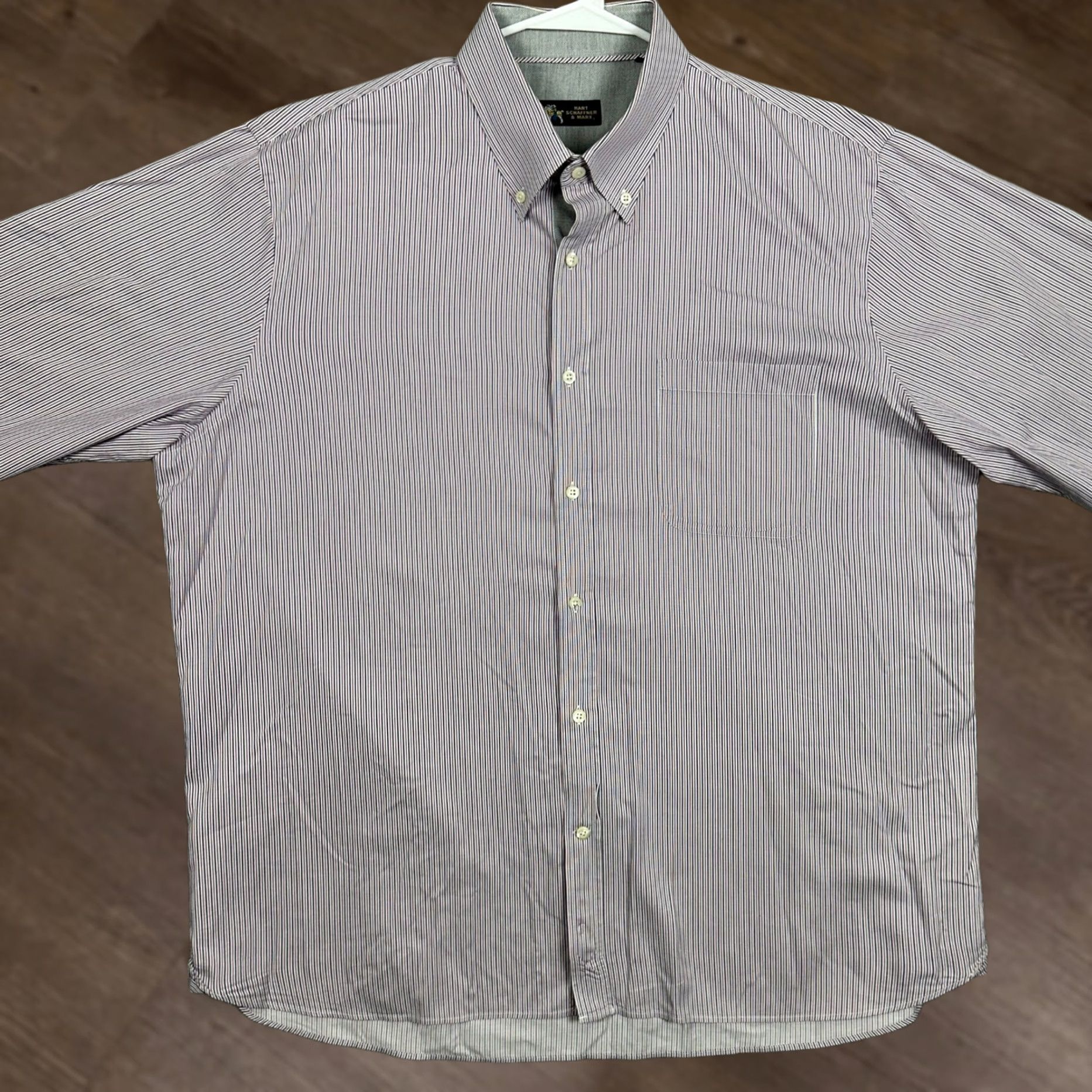 Hart Schaffner Marx Hart Schaffner Marx Mens Shirt Button Down Long Sleeve Striped Cotton 2XL Purple Navy Wrinkle Resistant Pockets Casual Workwear Business Mens Size US XXL / EU 58 / 5 - 1 Thumbnail