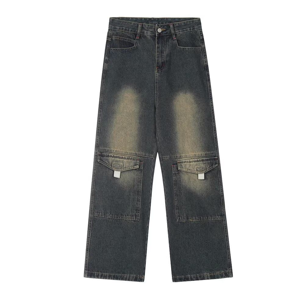 Men's washed loose wide-leg distressed workwear denim