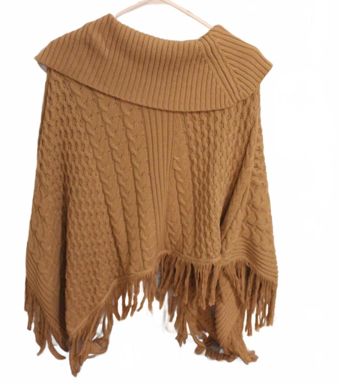 Unknown London Jaclyn Smith Beige Cable Knit Poncho w/ Fringe Detail Small Size ONE SIZE - 8 Thumbnail