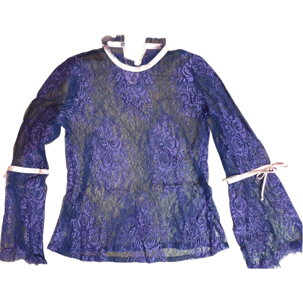 Other Sheer lace blouse sz S blue color with pink ribbons Size S / US 4 / IT 40 - 1 Thumbnail