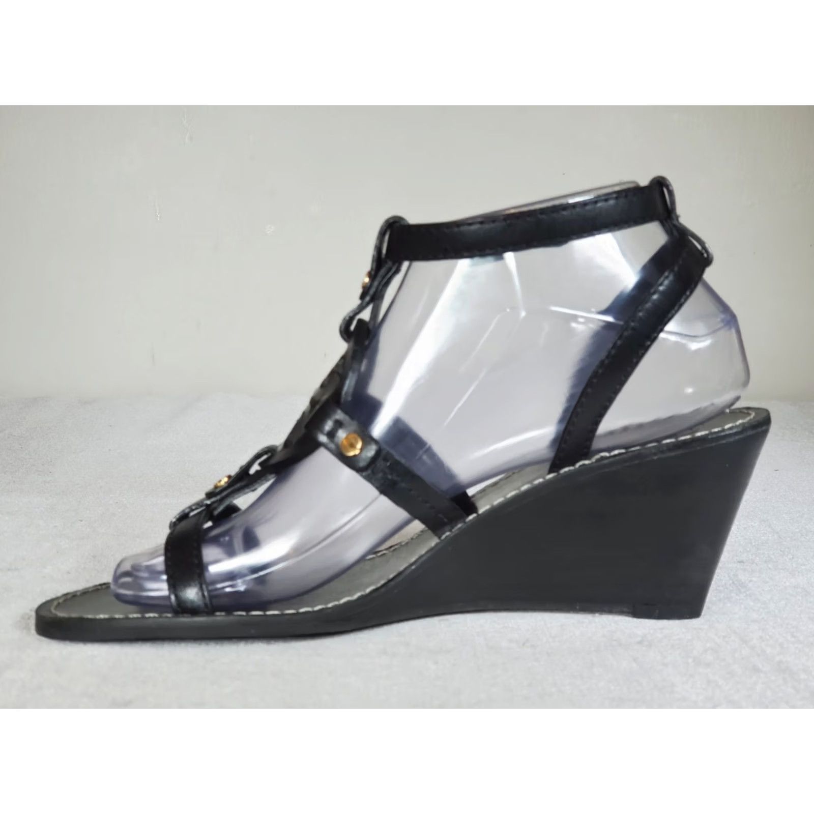 Tory Burch VINTAGE Tory Burch Miller Logo Ankle Strap Wedge Sandal Black Leather Women's US 7.5 M Size US 8 / IT 38 - 3 Thumbnail