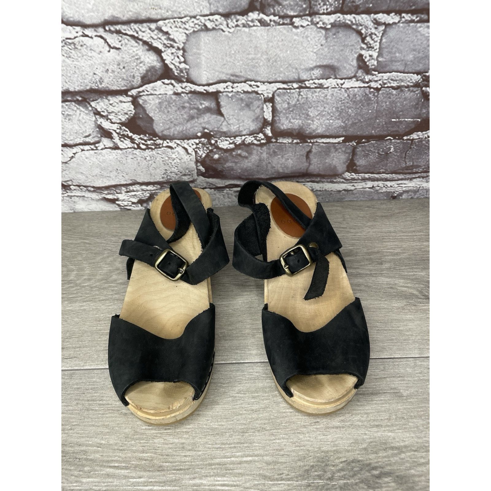Other Mabo Black Leather Peep Toe Strap Sweden Clogs Heel Sandals Size US 4 / IT 34 - 19 Thumbnail