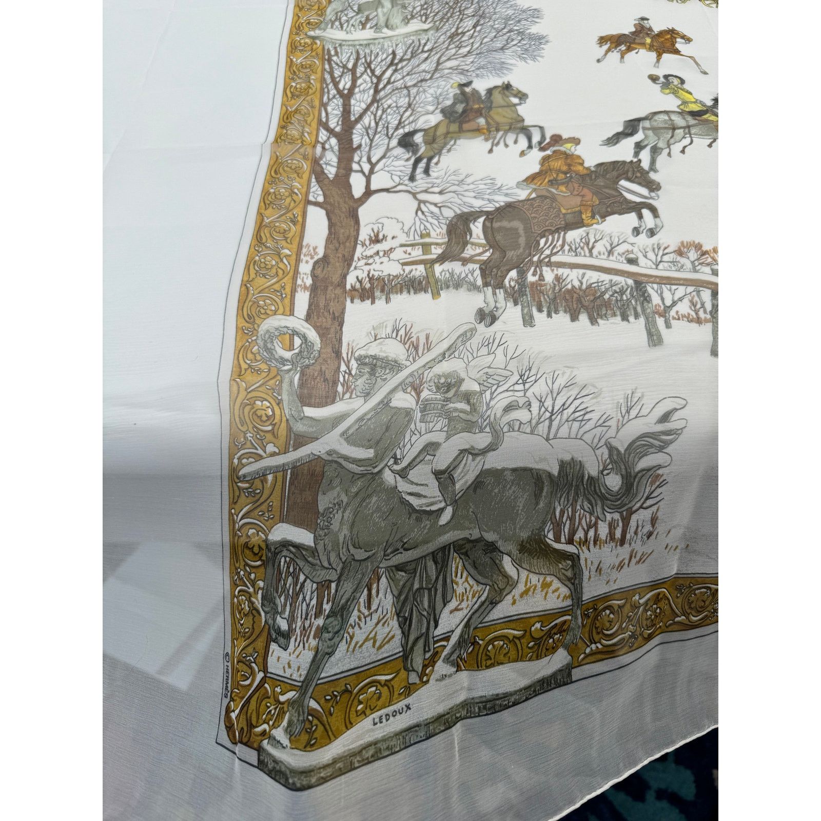 Hermes Hermes Rare Mirrored Image Hunt Scene Sheer Large Cape Shaw Size ONE SIZE - 21 Thumbnail