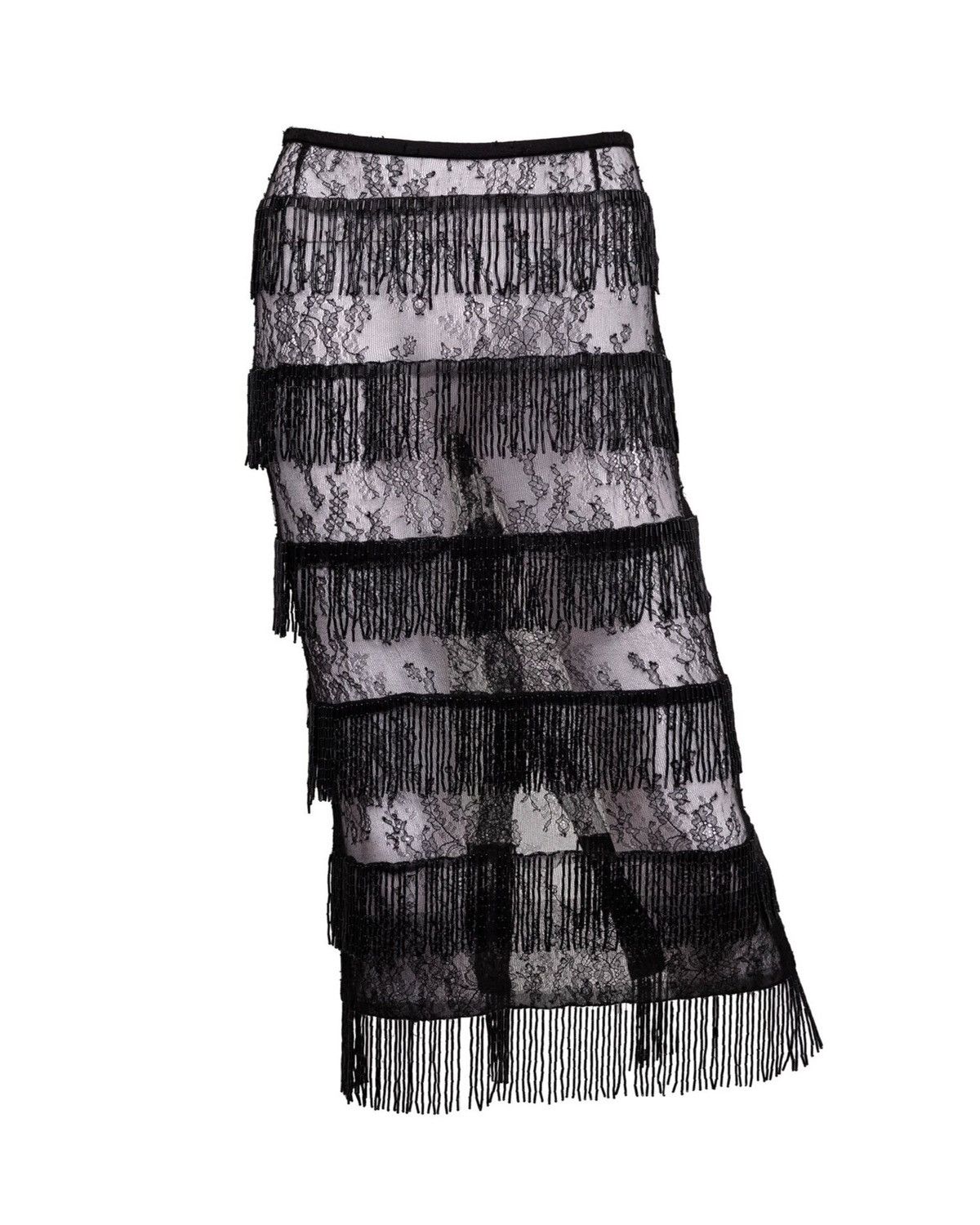 image of Dolce Gabbana Dolce And Gabbana Black Lace Beaded Fringe Midi Skirt, Women's (Size 28)