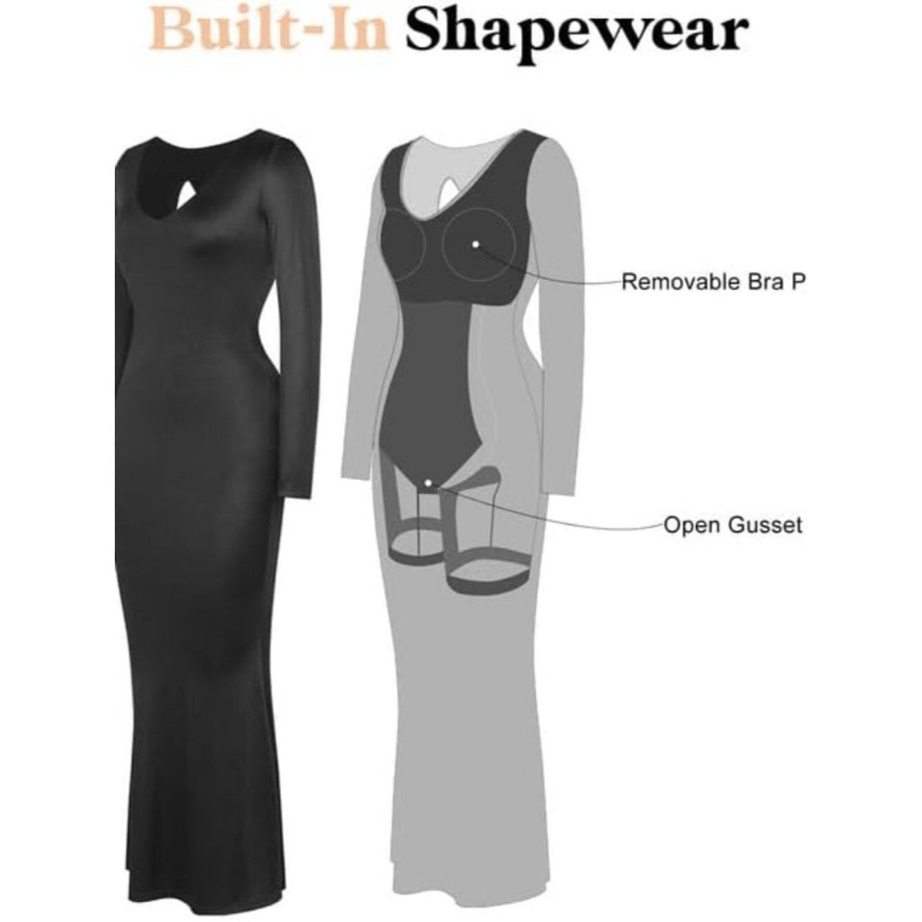 Other NWT New Popilush Shapewear Long Sleeve V-Neck Maxi Black Dr Size L / US 10 / IT 46 - 2 Thumbnail