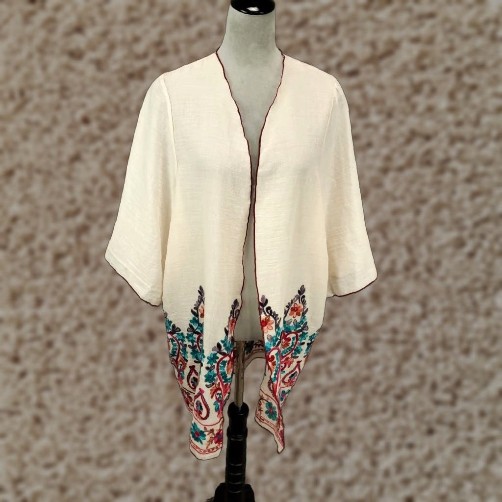 Vintage T Party Bohemian Cardigan Womens Medium Ivory Floral Embroidered Lightweight Casual Size M / US 6-8 / IT 42-44 - 1 Thumbnail