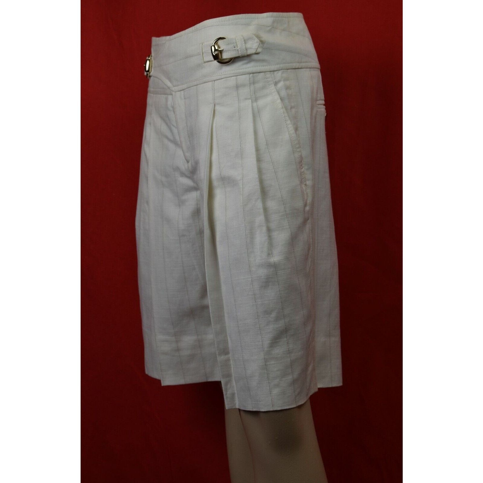 Gucci GUCCI OFF WHITE LINEN STRIPE BELTED 2 X BUCKLE SHORTS 40 IT Size 31" - 4 Thumbnail