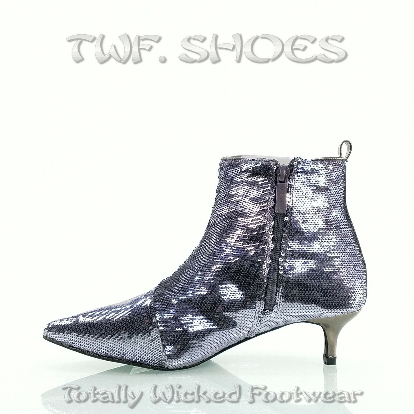 Other Harmoni Pewter Sequin Pointy Toe 1.5" Kitten Heel Ankle Boot Size US 8 / IT 38 - 3 Thumbnail