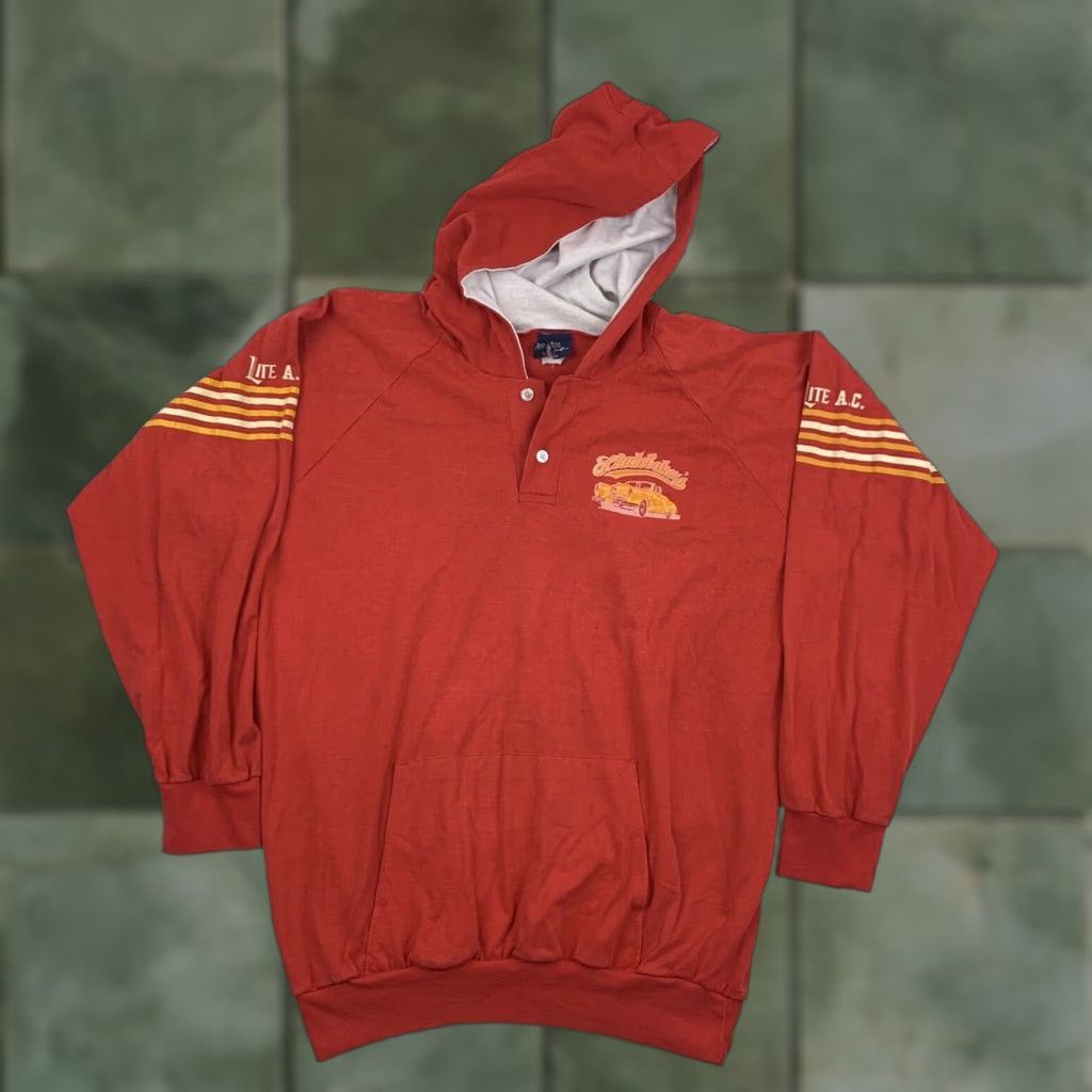 VINTAGE Studebakers Columbia South Carolina Hoodie Men Medium Red Lightweight 80s 90s Graphic Pullover